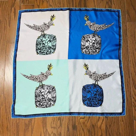 TIFFANY BIRD ON A ROCK INFINITY BLUE SILK SCARF ITALY - Picture 9 of 14